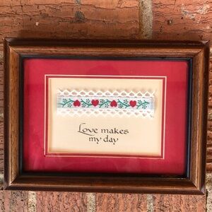 Framed Needle Art “Love Makes My Day” with Hearts on a Vine, Isidore Industries